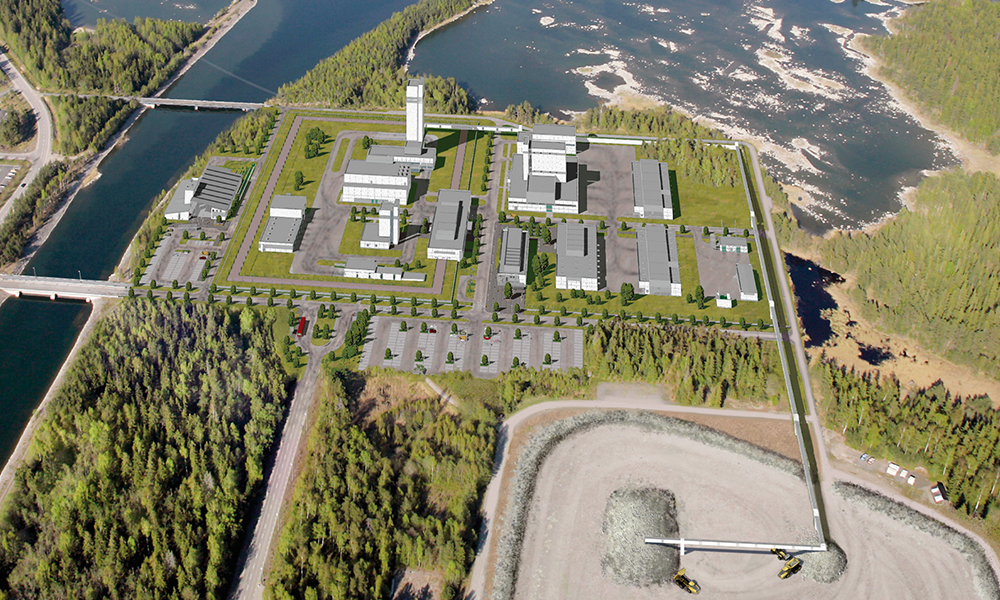 Fotomontaget visar hur ovanmarksdelen i det framtida Kärnbränsleförvaret kan komma att se ut i Forsmark. Bilden är ett montage, delvis beskuren. Källa:SKB Forsmark