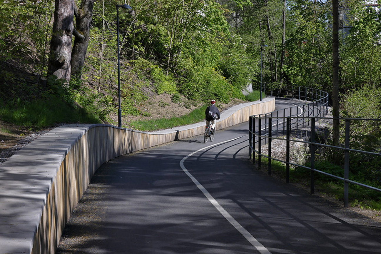 Cyklist på en slingrande cykelbana omgiven av träd och buskar.