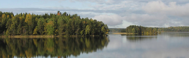 Fotot visar en vy över sjön Yngern med två öar med olika träd.