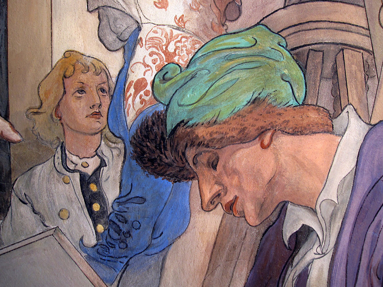 Illustration med två personer i färgglada kläder och huvudbonader