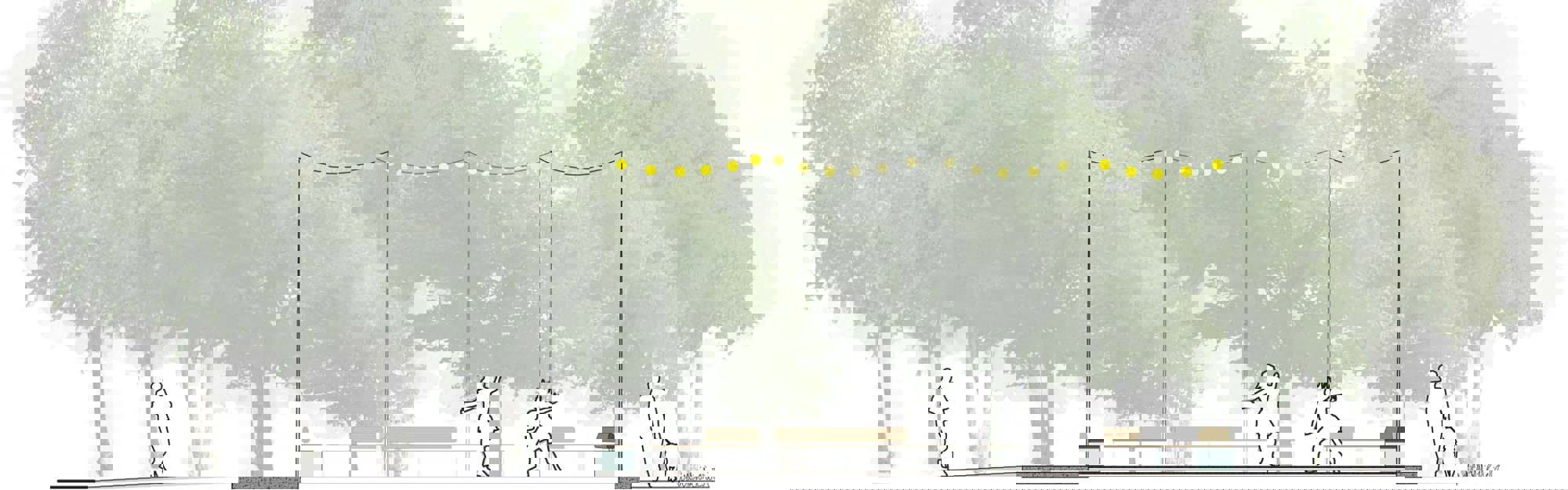 Illustration av en park med träd, strömbelysning och människor.