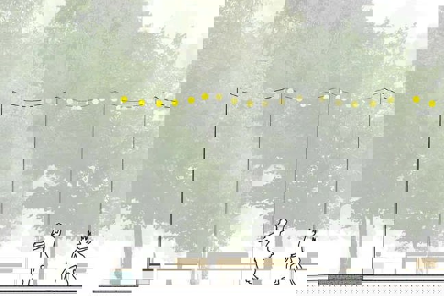 Illustration av en park med träd, strömbelysning och människor.