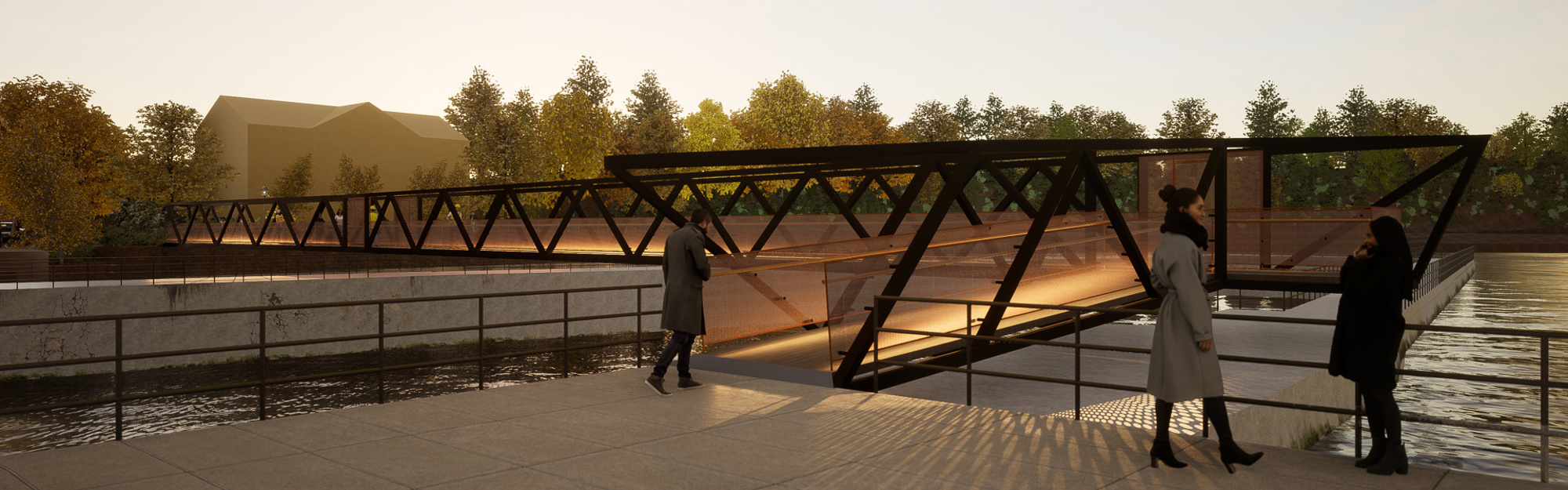 Illustration av en metallbro med räcken över vatten. Tre personer står och går på en trottoar bredvid bron. Träd och en byggnad syns i bakgrunden vid dagsljus.