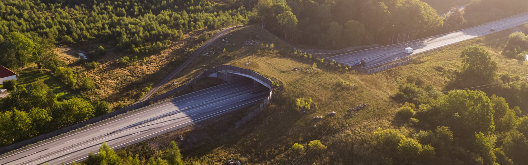 Luftbild av motorväg med tunnel omgiven av skog och fält.