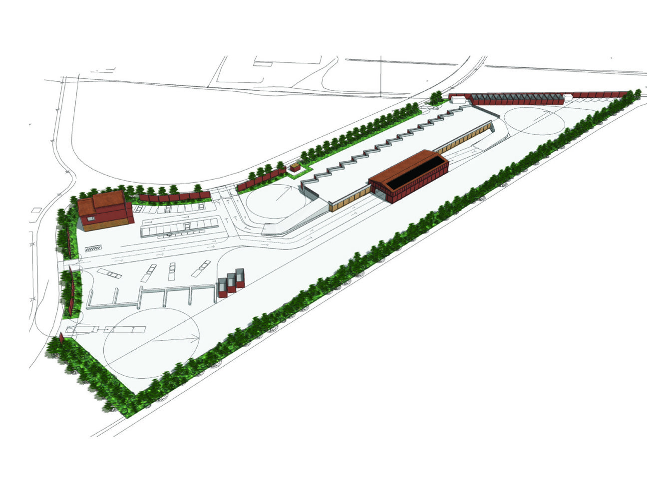 Schematisk plan över en anläggning med byggnader, vägar och grönområden.