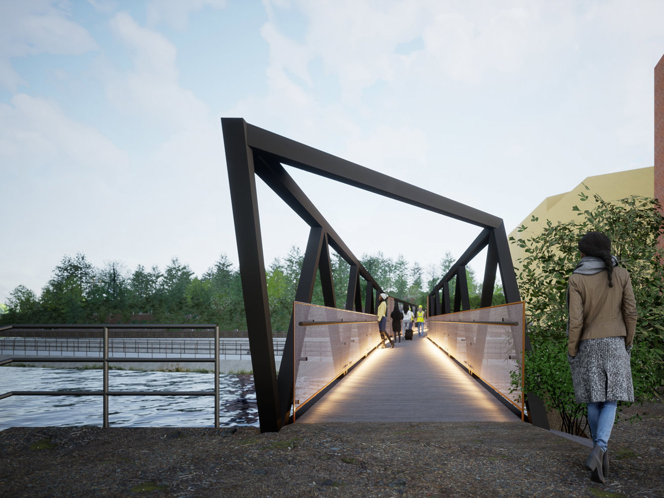 Illustration av en modern gångbro med metallkonstruktion över vatten. Människor går på bron, omgiven av träd och en byggnad.