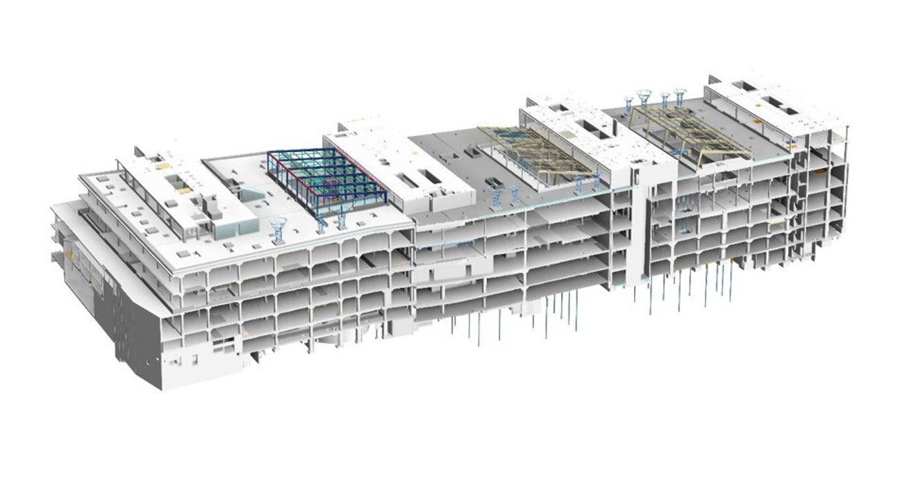 3D-illustration av en byggnads strukturella ram med flera våningar och takdetaljer