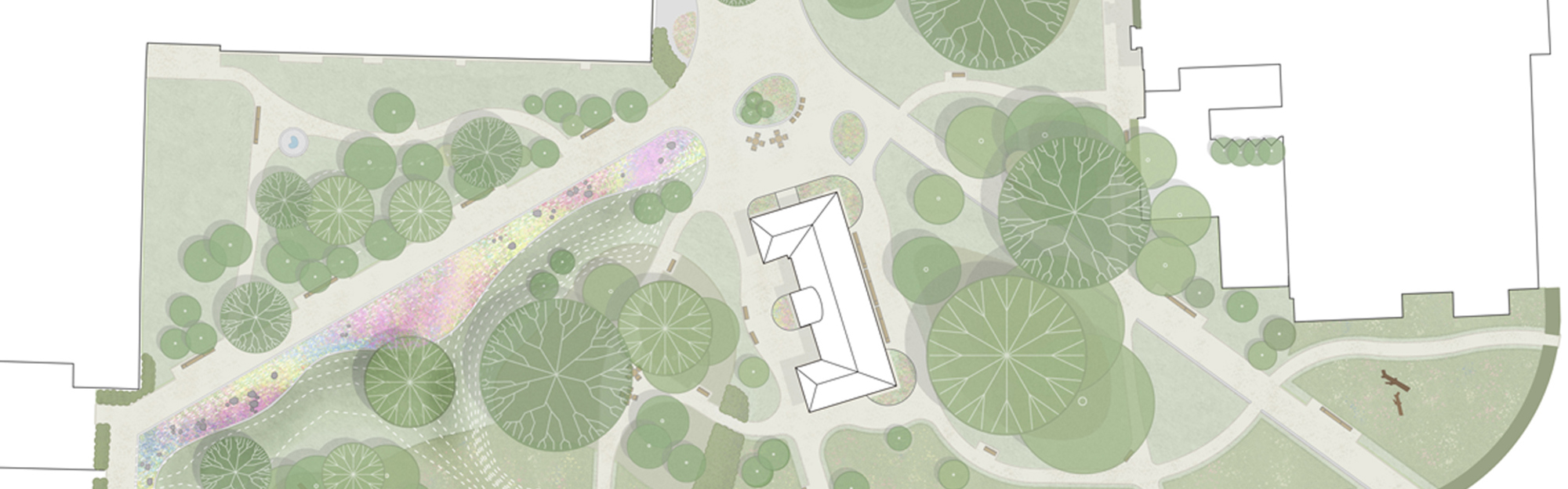 Landskapsplan med träd, vägar och byggnader.