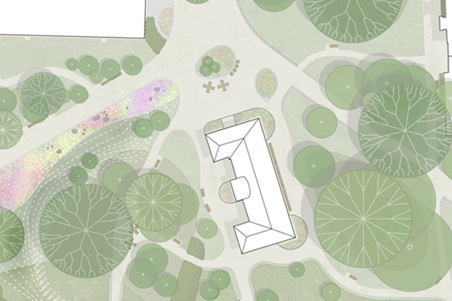 Landskapsplan med träd, vägar och byggnader.