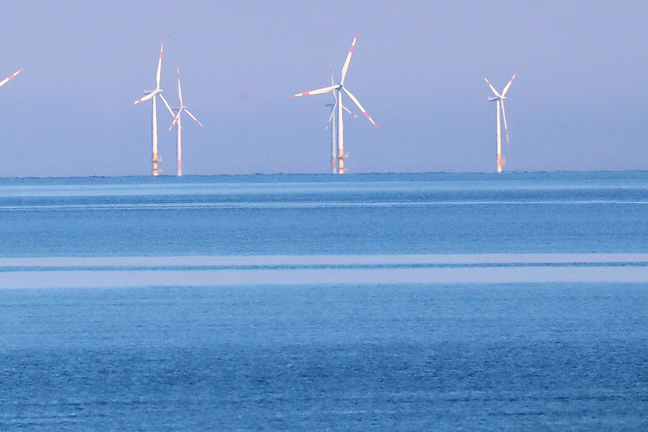 Vindkraftverk utspridda över havet under klar himmel.