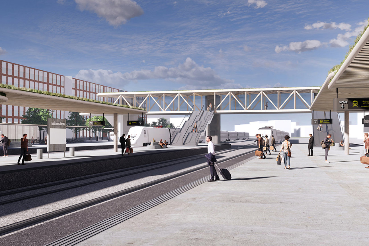 Illustration av en järnvägsstation med plattformar, gångbro, tåg och resenärer.