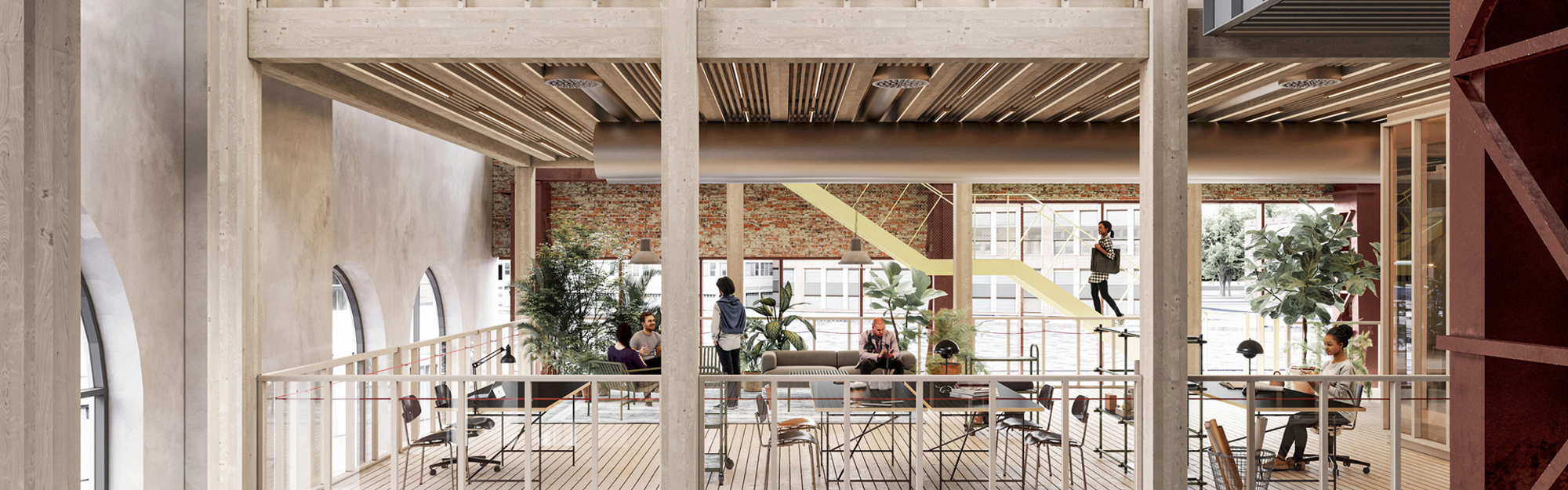 Illustration av öppet kontorsutrymme med träbalkar, stora fönster, växter och personer.