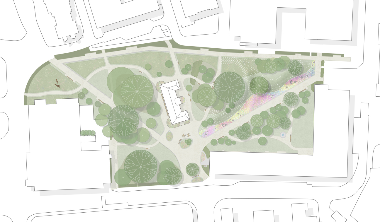 Parkplan med träd, vägar och byggnader.