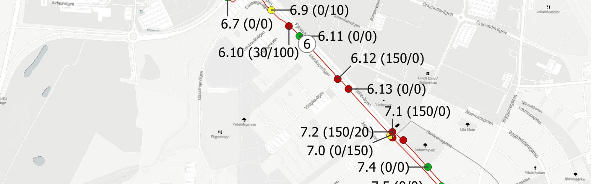 Karta med vägnamn och nummer på en röd linje.