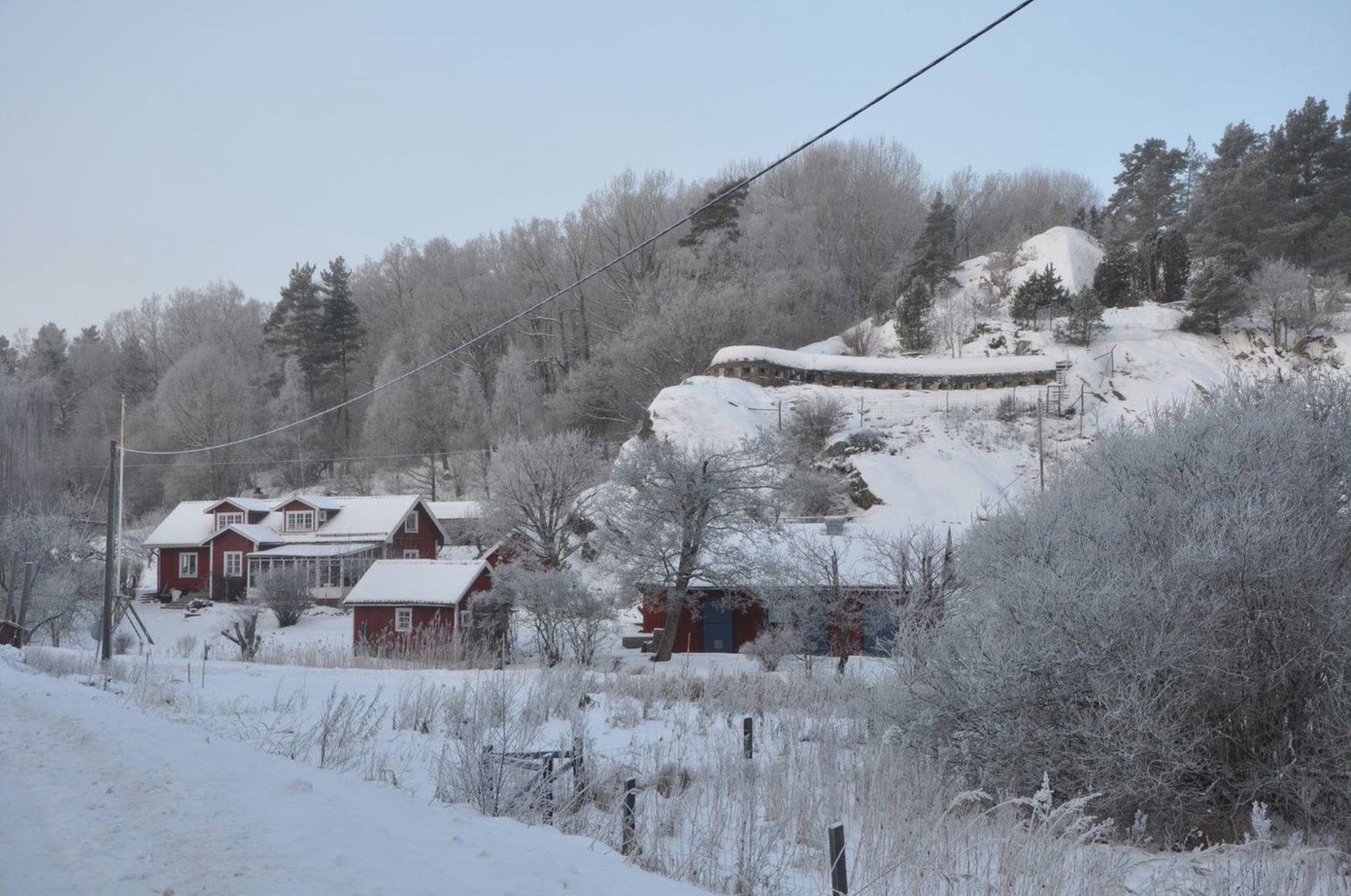 Snöigt landskap med röda hus, snötäckta träd och en backe.