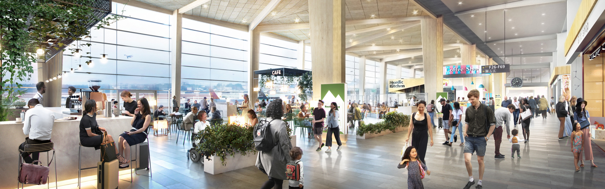 Illustration av en flygplats-terminal med butiker, caféer och flera människor.