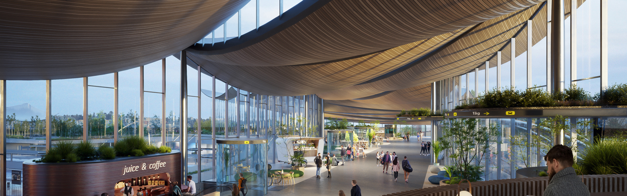 Illustration av en modern byggnadsinteriör med böjda tak, stora fönster och en juice & coffee-bar med människor.